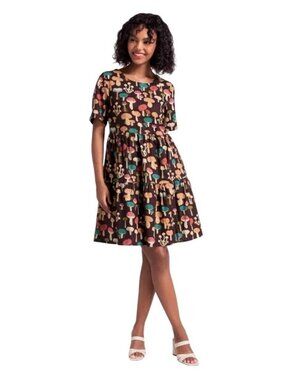 Princess Highway Size 2 Mushroom Print Short Sleeve Tiered Dress Linen Blend NWT